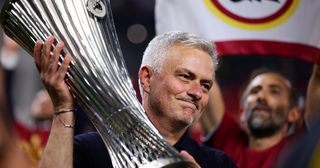 When is the Europa Conference League final 2023? Jose Mourinho, Head Coach of AS Roma celebrates with the UEFA Europa Conference League Trophy after their sides victory in the UEFA Conference League final match between AS Roma and Feyenoord at Arena Kombetare on May 25, 2022 in Tirana, Albania.