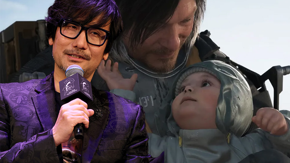An image of Hideo Kojima with a microphone and a screenshot from Death Stranding 2 