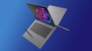 The Acer Swift X 14 AI creator laptop against a blue gradient background.
