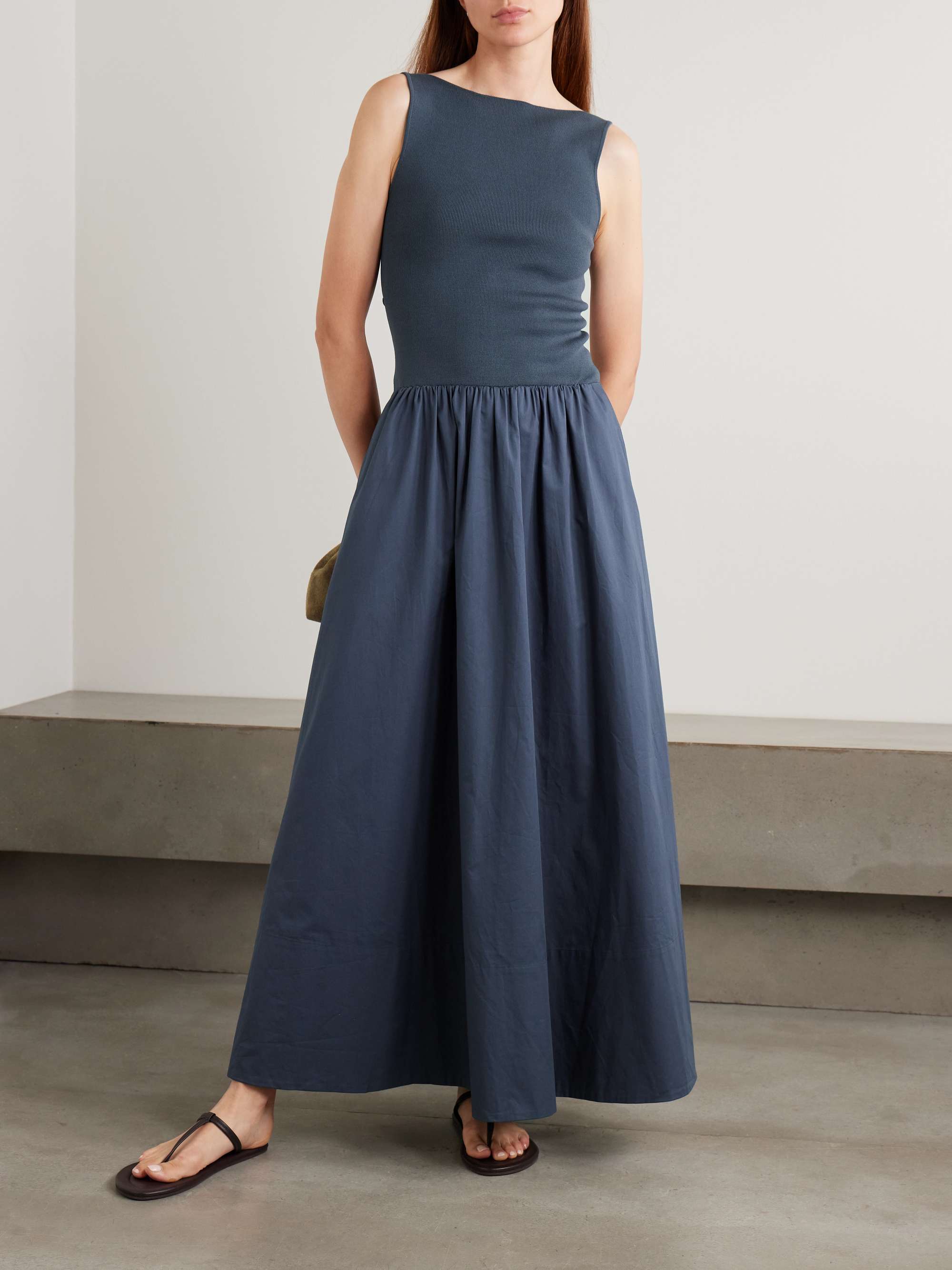 Open-Back Jersey and Cotton-Poplin Maxi Dress