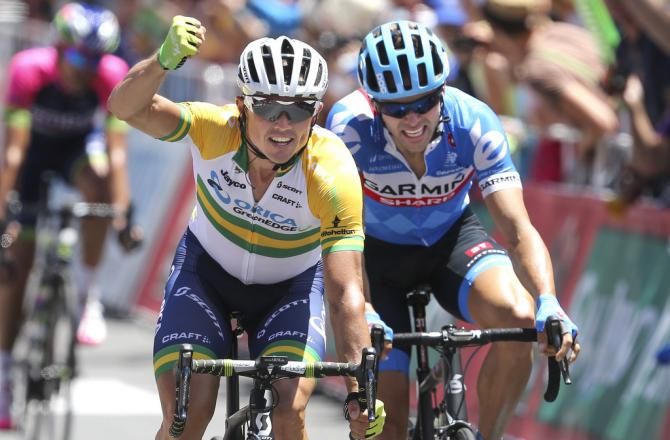 Simon Gerrans celebrates winning stage 1 of the 2014 race