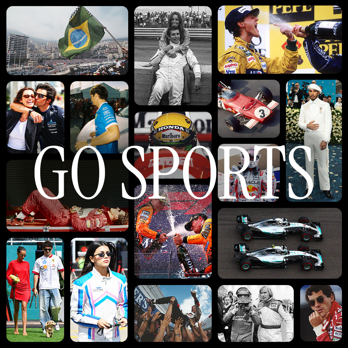 A collage of photos from throughout the history of Formula One with the words "Go Sports" in the middle in white serif letters.