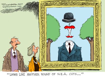 Political cartoon U.S. NEA cuts museum artwork Magritte