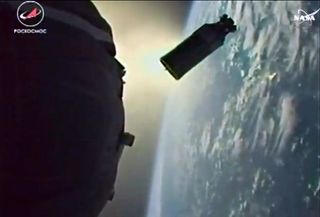 Shortly after launch, a Russian Soyuz rocket, carrying NASA astronaut Serena Auñón-Chancellor, Russian cosmonaut Sergei Prokopyev and European Space Agency astronaut Alexander Gerst, looks back down at Earth while separating.