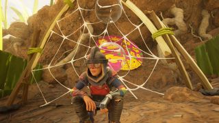 Grounded 2 water locations: A character wearing armour crouched down in front of a dew collector.