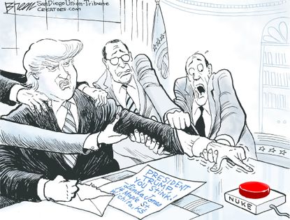 Political cartoon U.S. Trump nuke button