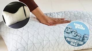 A hand tests a pillow at a testing studio. In a circular frame placed in the top left foreground, a pillow is shown at a tester's home. In the bottom right-hand corner, there is a Presidents' Day deals badge. 