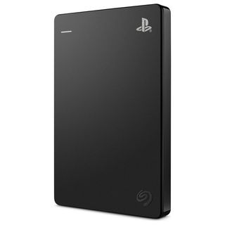 Seagate Game Drive in black standing vertically on white background, with Playstation logo visible