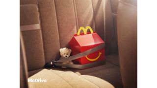 A McDonald's happy meal and teddy bear strapped into the back of a car.