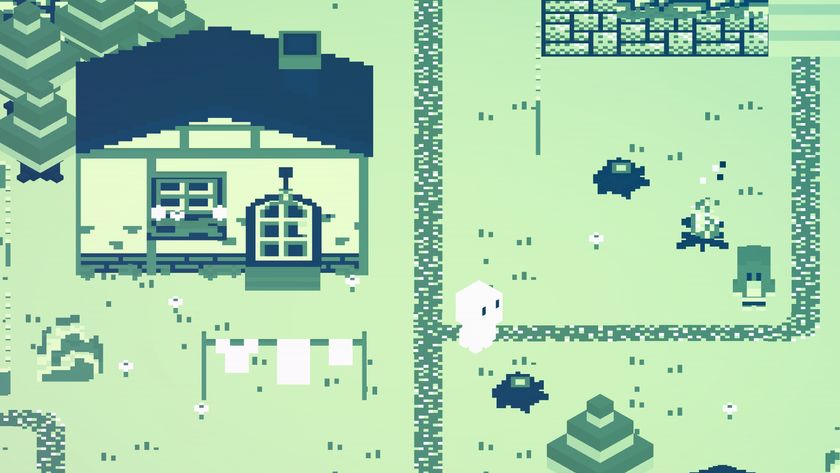 A screenshot of Cassette Boy. A small boy made of white cubes stands on a path in a town colored green and rendered in a retro 2D pixel art style.
