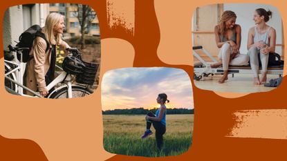 A collage showing the top fitness trends 2023, including a woman taking an e-bike out of the house, a woman trail running at sunrise, and two women sitting in a reformer Pilates class