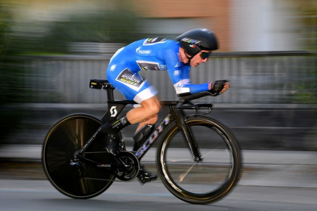 SAN BENEDETTO DEL TRONTO ITALY SEPTEMBER 14 Simon Yates of The United Kingdom and Team MitcheltonScott Blue Leader Jersey during the 55th TirrenoAdriatico 2020 Stage 8 a 101km Individual Time Trial in San Benedetto del Tronto ITT TirrenAdriatico on September 14 2020 in San Benedetto del Tronto Italy Photo by Justin SetterfieldGetty Images