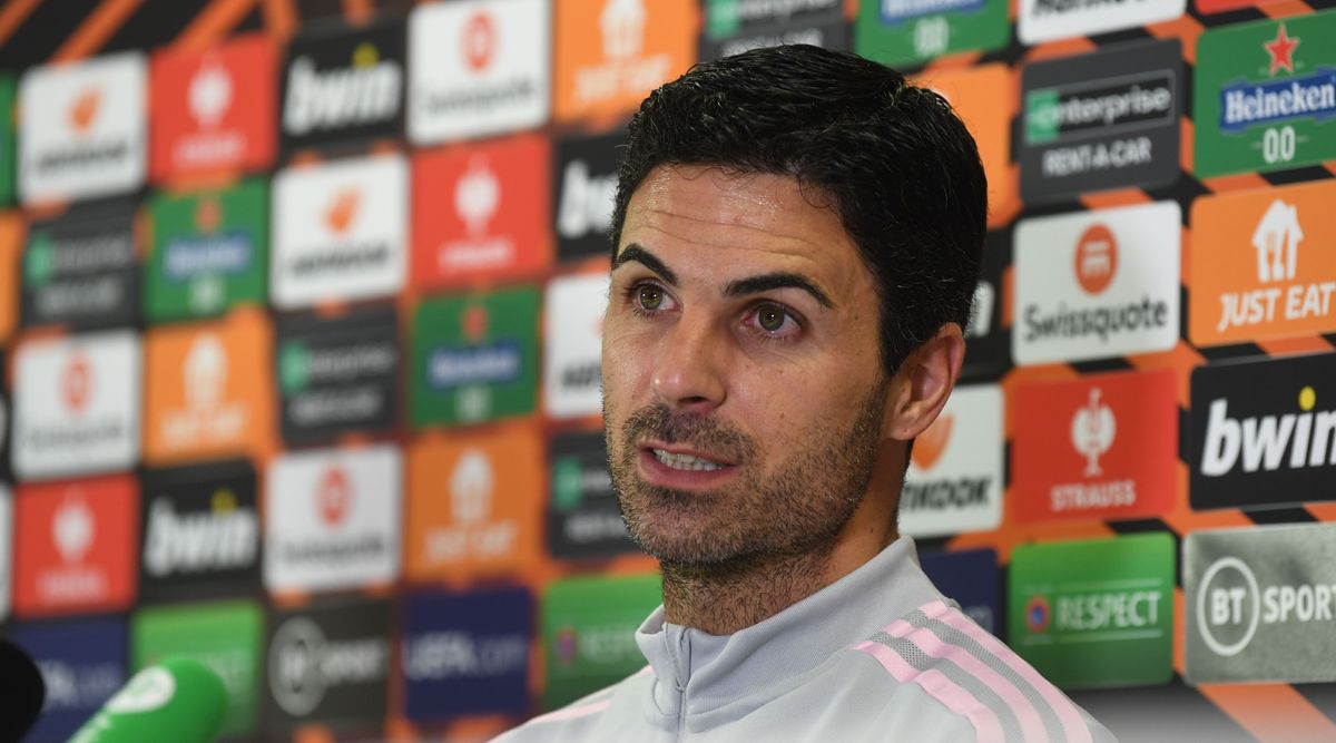 Arsenal manager Mikel Arteta giving a press confefence