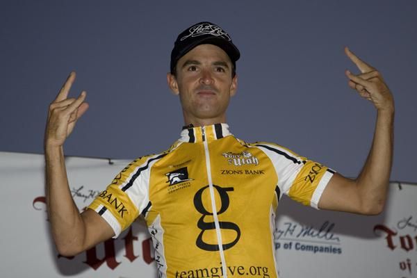 Paco' Mancebo on the podium as leader of the Tour of Utah.