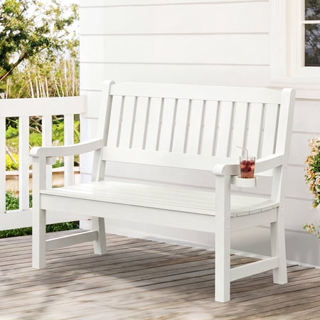 Carolayne 47" Hdps Outdoor Seating Bench, Armrest Garden Chair for Backyard &amp;amp; Porch, White