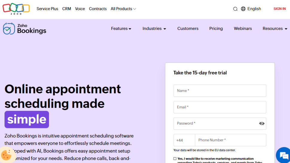 Zoho Bookings website screenshot (May 2025)