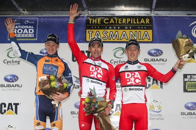 The Stage 3 podium: Jack Haig (Huon-Genesys), Darren Lapthorne, Robbie Hucker (Drapac)