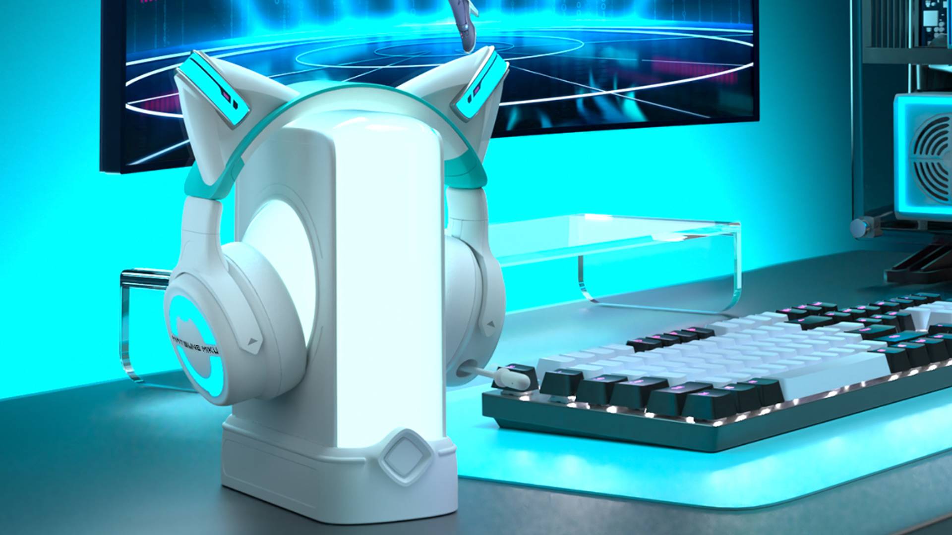 Photo of the Yowu Hatsune Miku headset sitting on a Miku-themed desk.