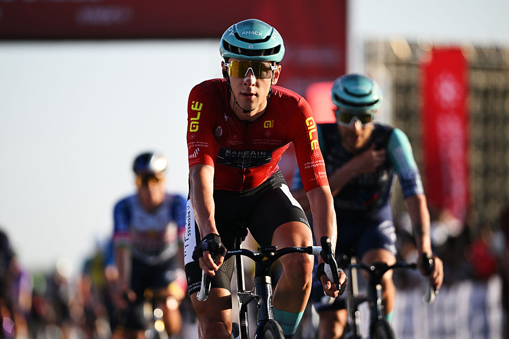 FUJAIRAH, UNITED ARAB EMIRATES - FEBRUARY 19: Antonio Tiberi of Italy and Team Bahrain - Victorious - Red Leader Jersey crosses the finish line during the 8th UAE Tour 2026, Stage 4 a 182km stage from Fujairah to Fujairah / #UCIWT / on February 19, 2026 in Fujairah, United Arab Emirates. (Photo by Tim de Waele/Getty Images)