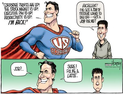Political cartoon U.S. economy Superman student loans job market