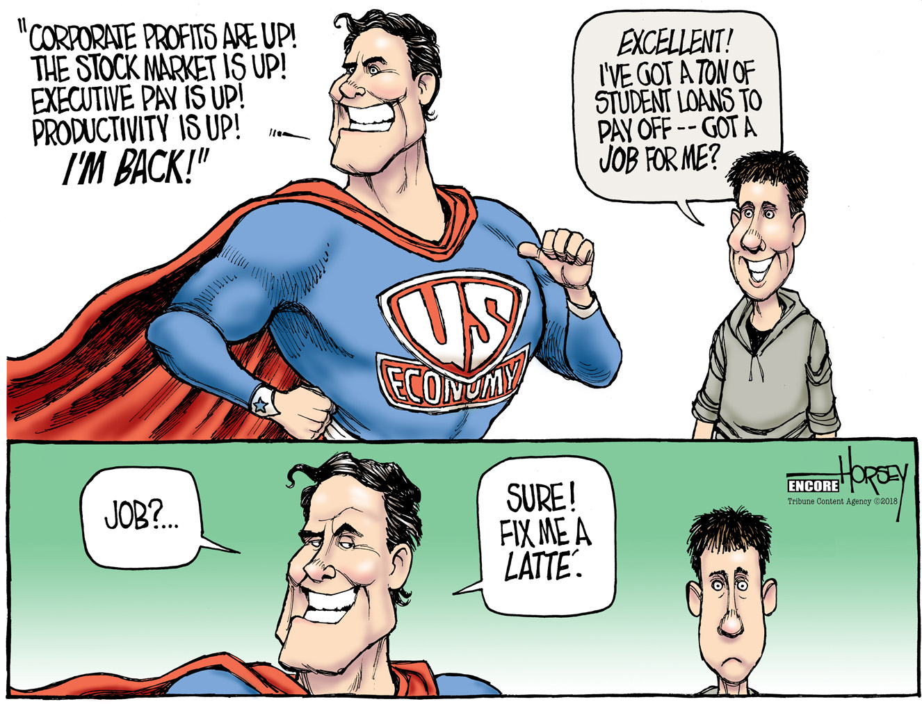 Political cartoon U.S. economy Superman student loans job market | The Week