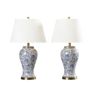 A pair of Kelly Clarkson Home ceramic lamps with chinoiserie-inspired floral motif and white shades