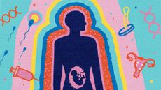 Illustration of a pregnant person surrounded by graphics depicting sperm, ovaries, and a syringe