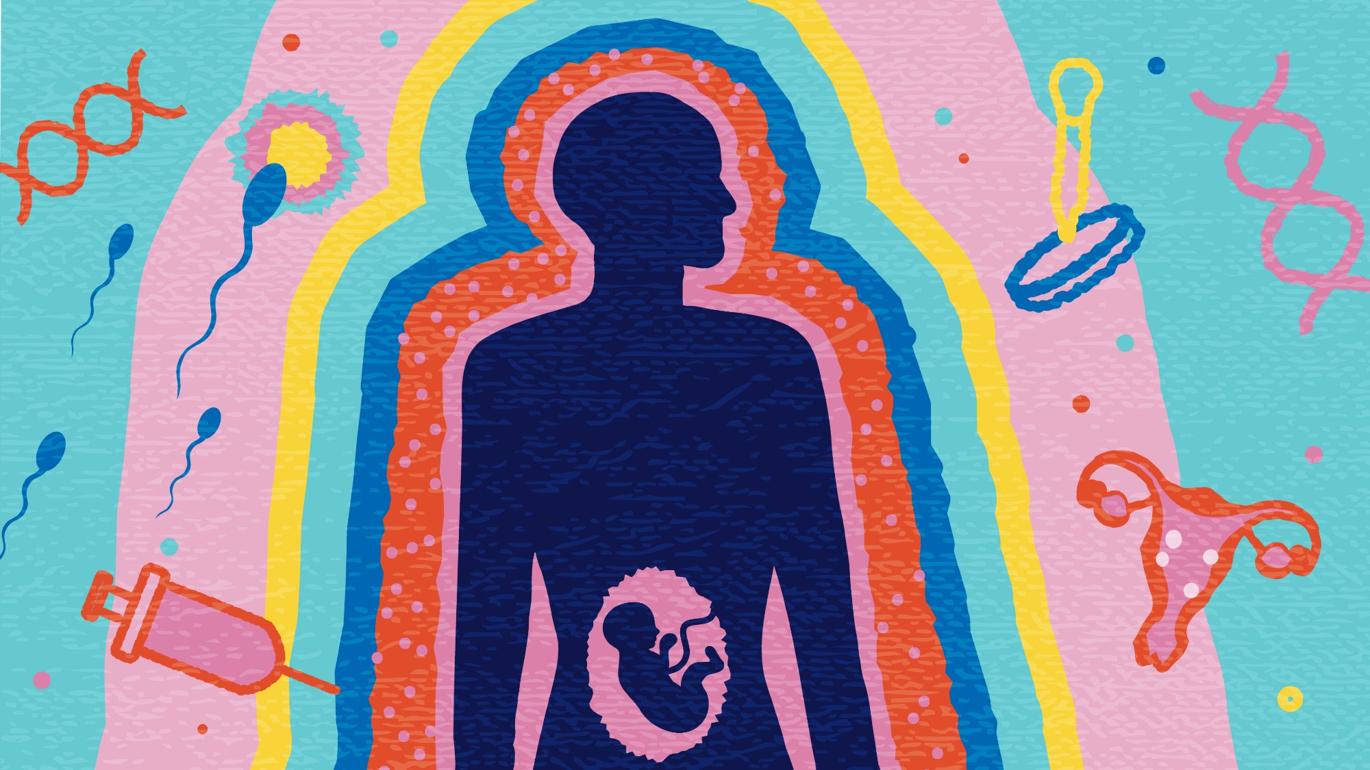 Illustration of a pregnant person surrounded by graphics depicting sperm, ovaries, and a syringe