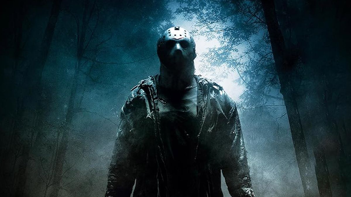 Jason Voorhees wearing the iconic ice hockey mask in a misty forest