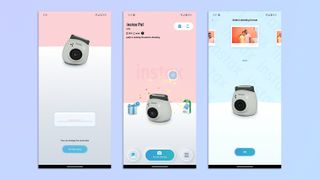 A compilation of screenshots showing the Fujifilm Instax Pal app open on a Google Pixel 7 Pro