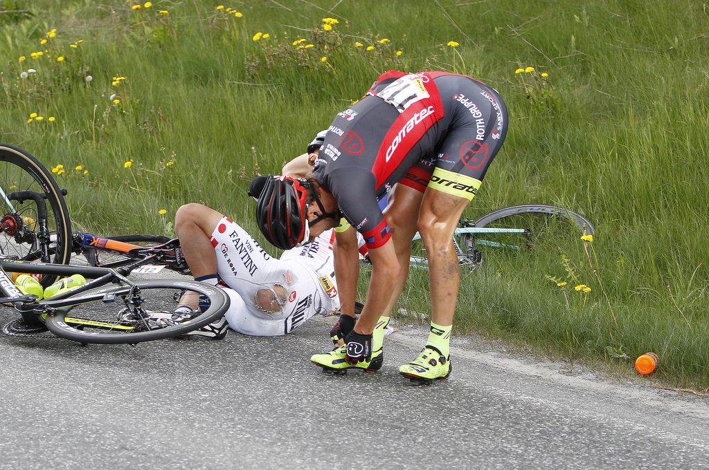 Grischa Janorschke (Roth) checks himself after a crash that also brought down Japanese champion Kazushige Kuboki (Nippo - Vini Fantini)