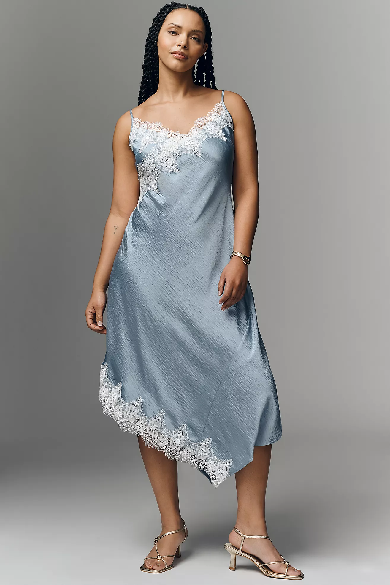 By Anthropologie Asymmetric Sleeveless Lace Slip Dress