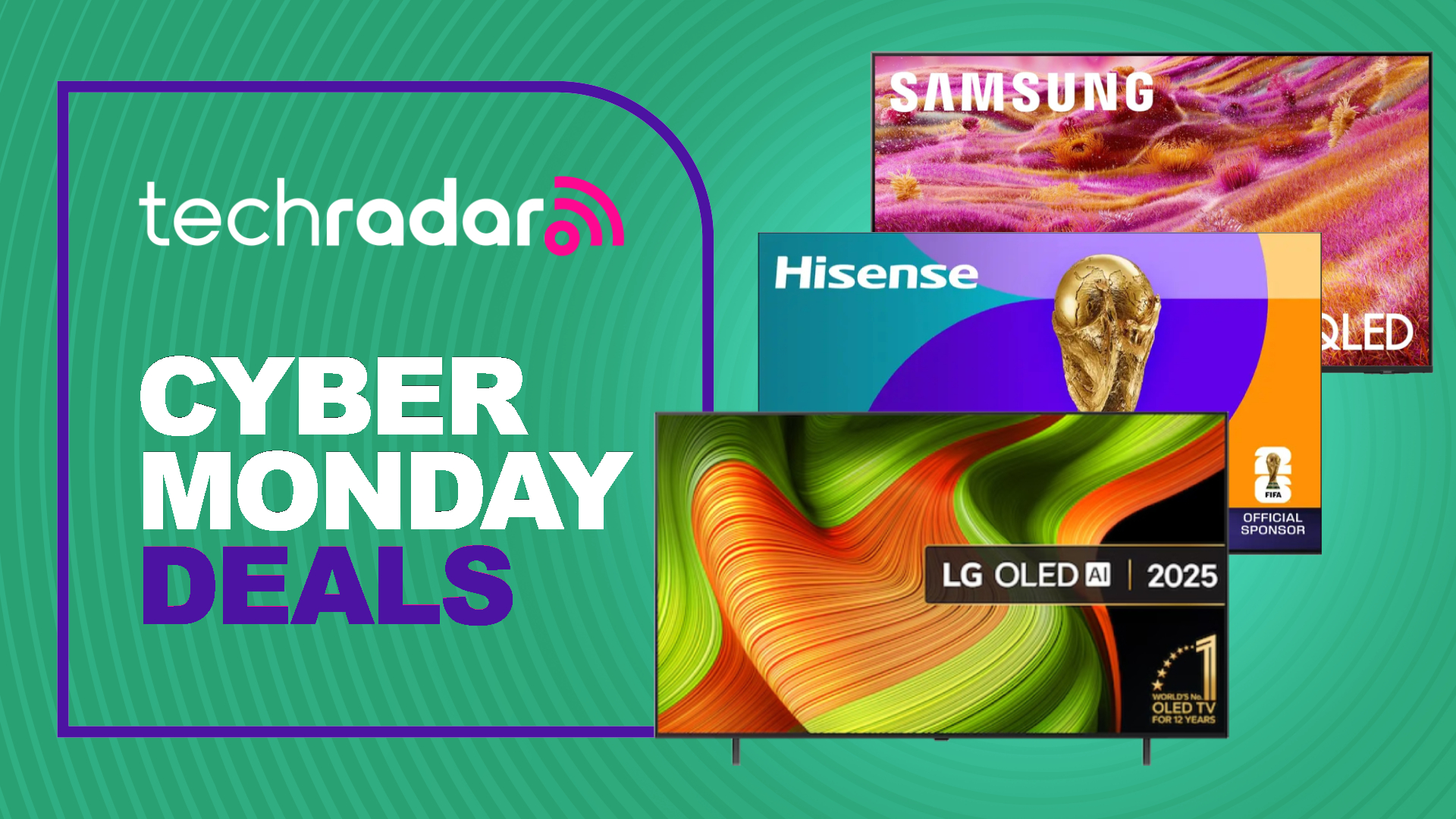 Cyber Monday TV deals image with LG B5, Hisense U7 and Samsung QN90F