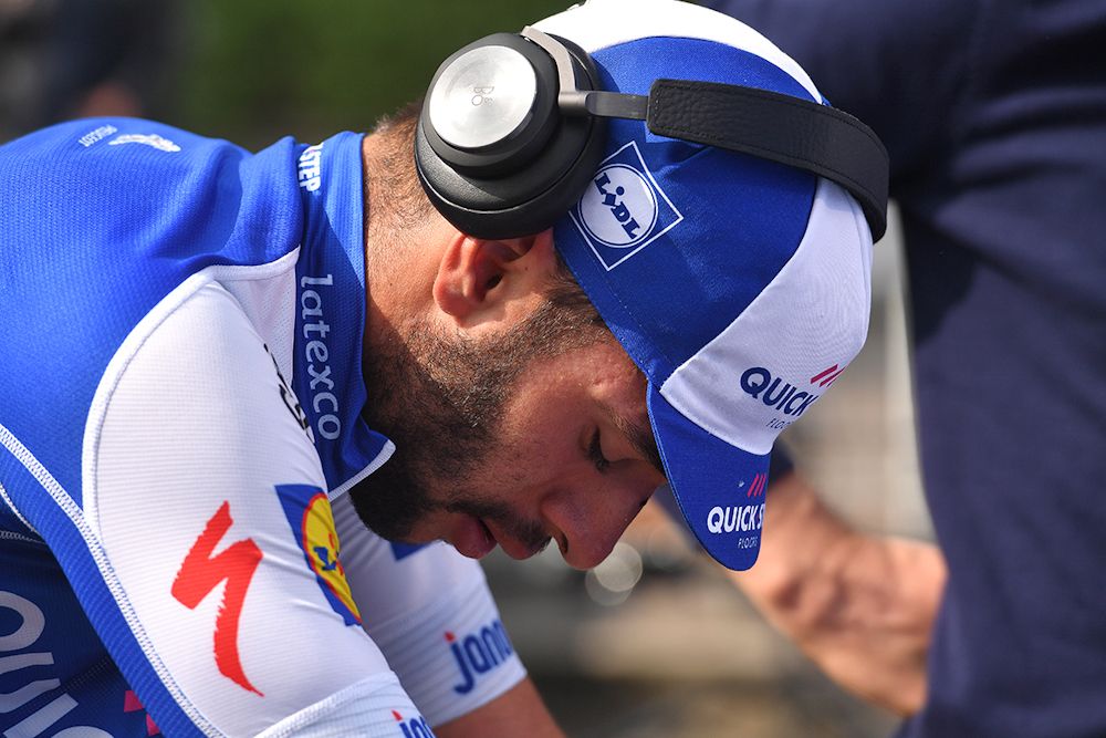 Fernando Gaviria concentrates while riding a trainer