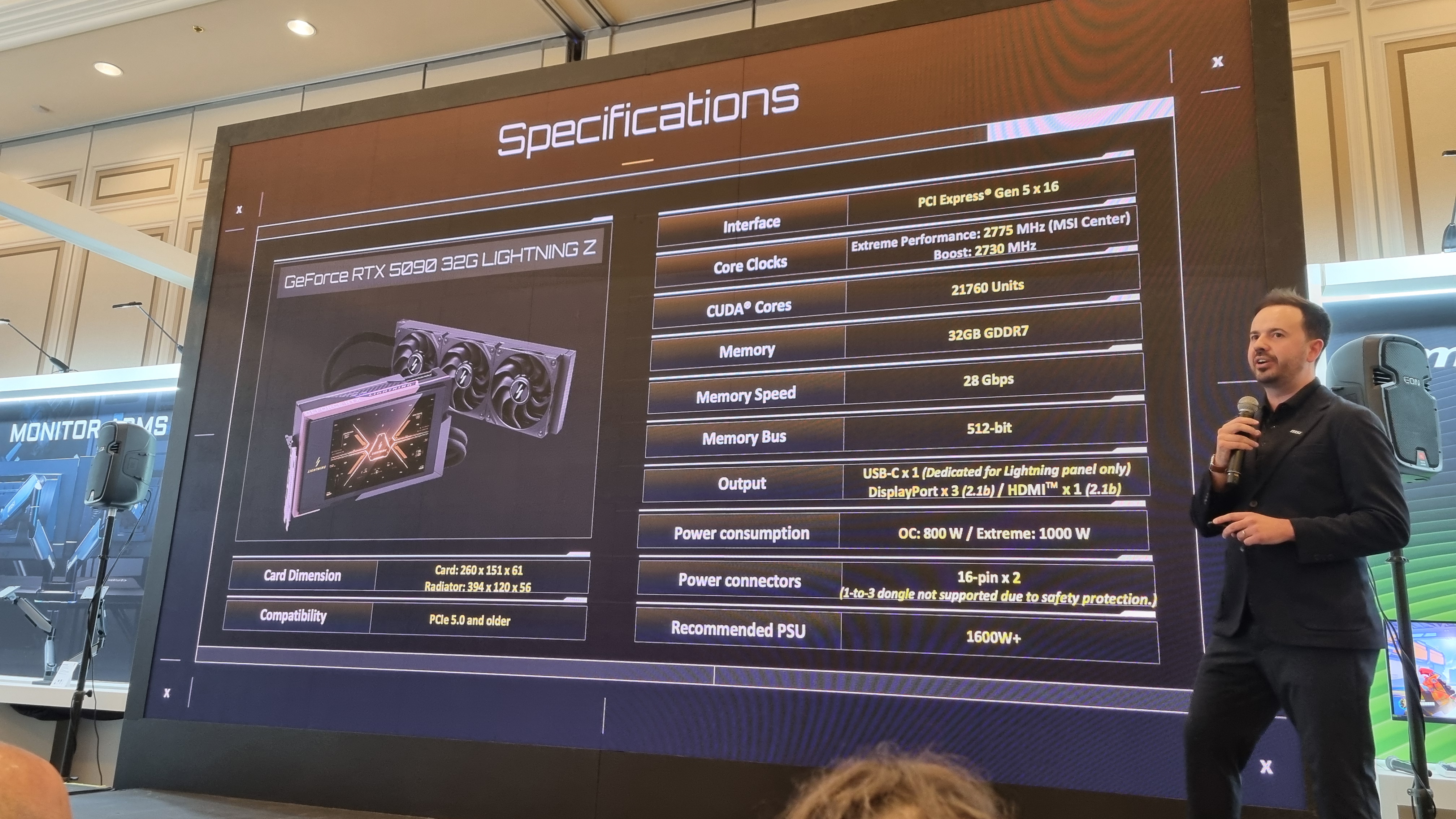 A slide from an MSI presentation at CES 2026 showing the specifications of the MSI GeForce RTX 5090 32G Lightning Z