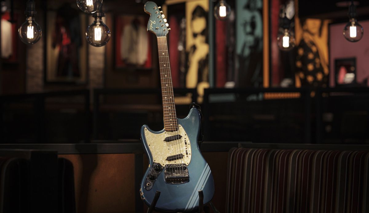 Kurt Cobain&#039;s 1969 Fender Mustang electric guitar – photographed at the Hard Rock Cafe on April 28, 2022 in London, England