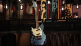 Kurt Cobain's 1969 Fender Mustang electric guitar photographed at Hard Rock Cafe on April 28, 2022 in London