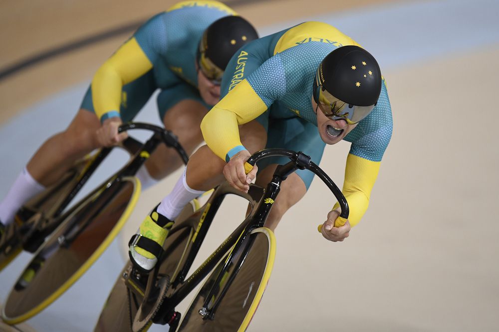 Australia's Patrick Constable and Australia's Matthew Glaetzer compete in the men's Team Sprint qualifying
