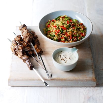 Spiced Lamb Skewers with Bulgur Wheat Salad and MInty Yogurt Dip-woman and home