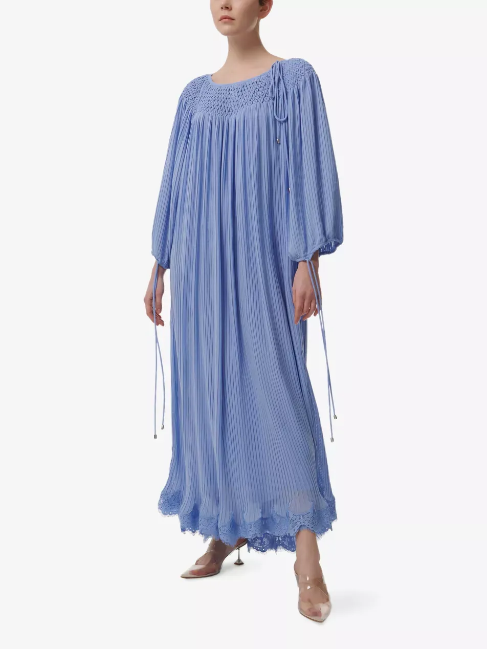 Smock-Neck Lace-Embroidered Woven Kaftan