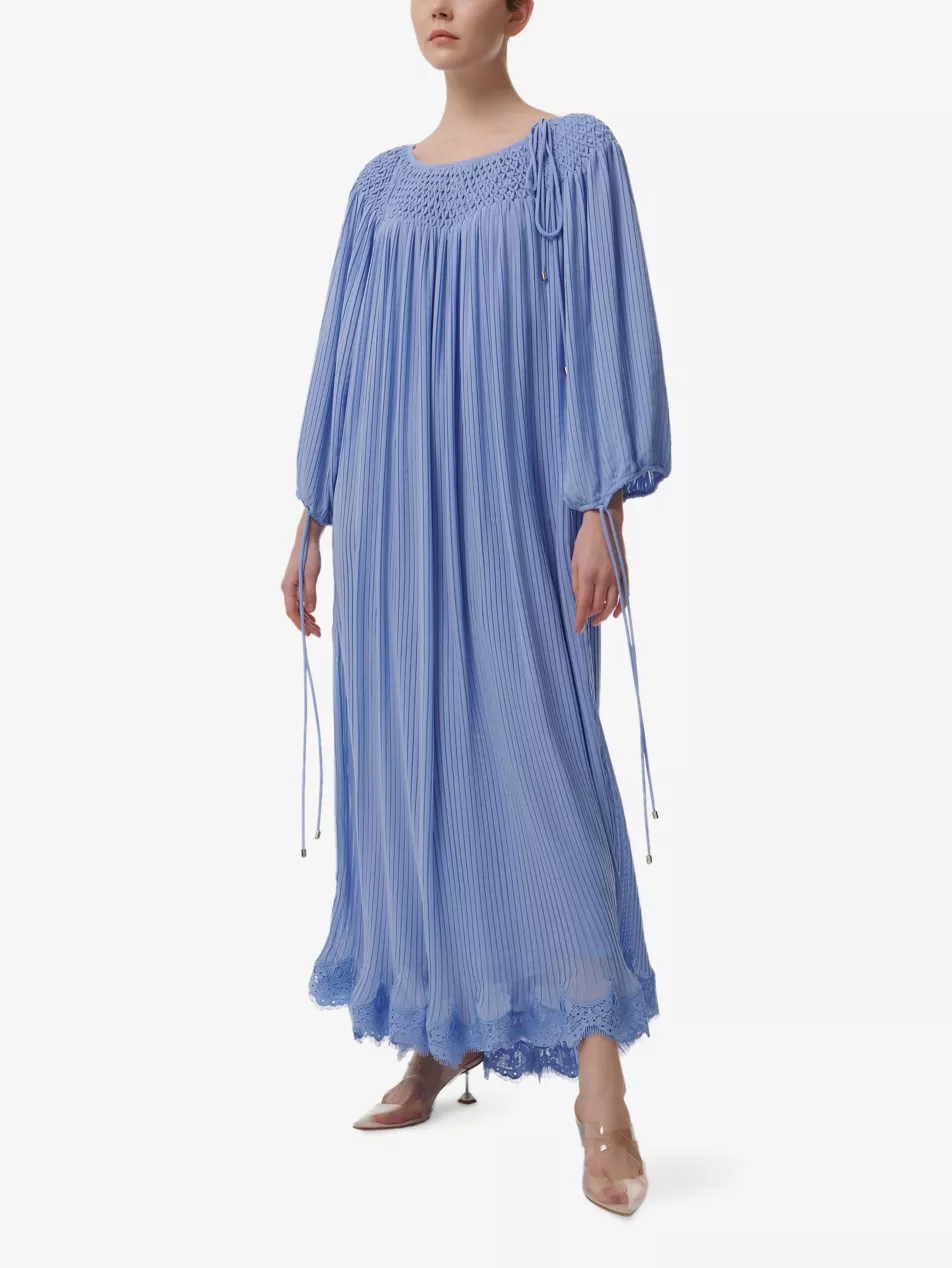 Smock-Neck Lace-Embroidered Woven Kaftan