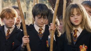 Ron, Harry, and Hermione's first flying lesson in Harry Potter and the Sorcerer's Stone.