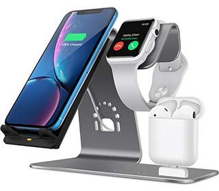 Bestand 3 in 1 Aluminum Stand for Apple iWatch, Charging Station for Airpods, Qi Fast Wireless Charger Dock for Apple iWatch/iPhone X/8 Plus/8, Samsung S8, Grey