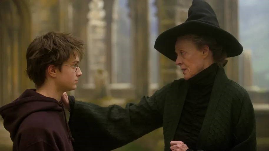 Daniel Radcliffe and Maggie Smith in character as Harry Potter and Minerva McGonagell