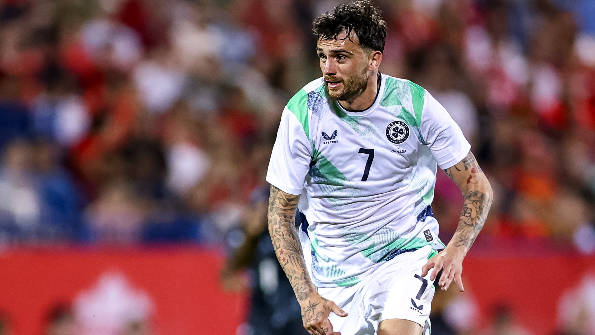 Troy Parrott playing for Ireland against Canada