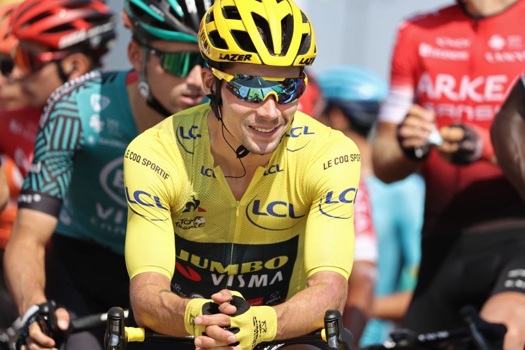 Team Jumbo rider Slovenias Primoz Roglic wearing the overall leaders yellow jersey waits prior to the 19th stage of the 107th edition of the Tour de France cycling race 160 km between BourgenBresse and Champagnole on September 18 2020 Photo by KENZO TRIBOUILLARD AFP Photo by KENZO TRIBOUILLARDAFP via Getty Images