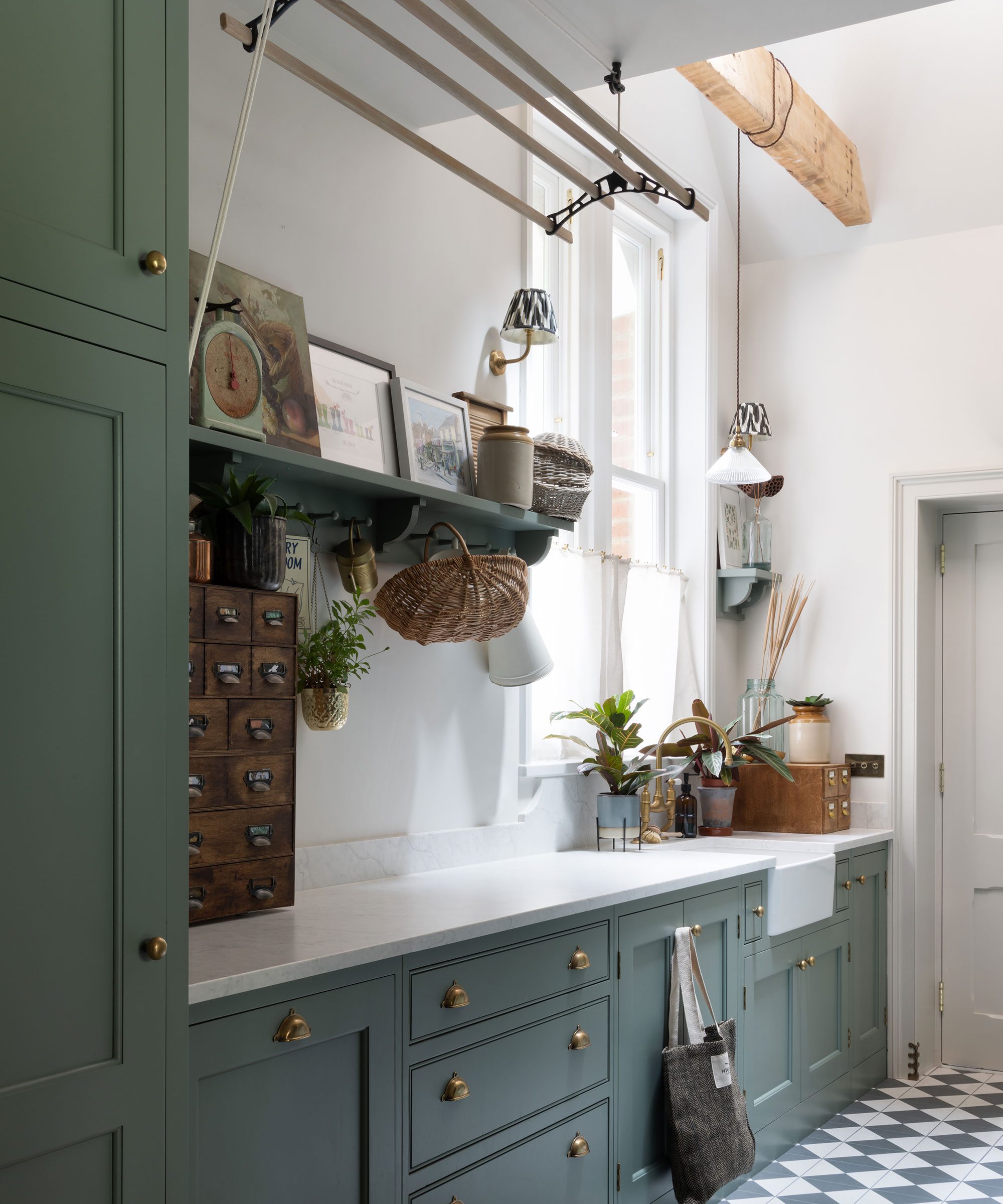 Green Shaker utility room with drying rack in ceiling