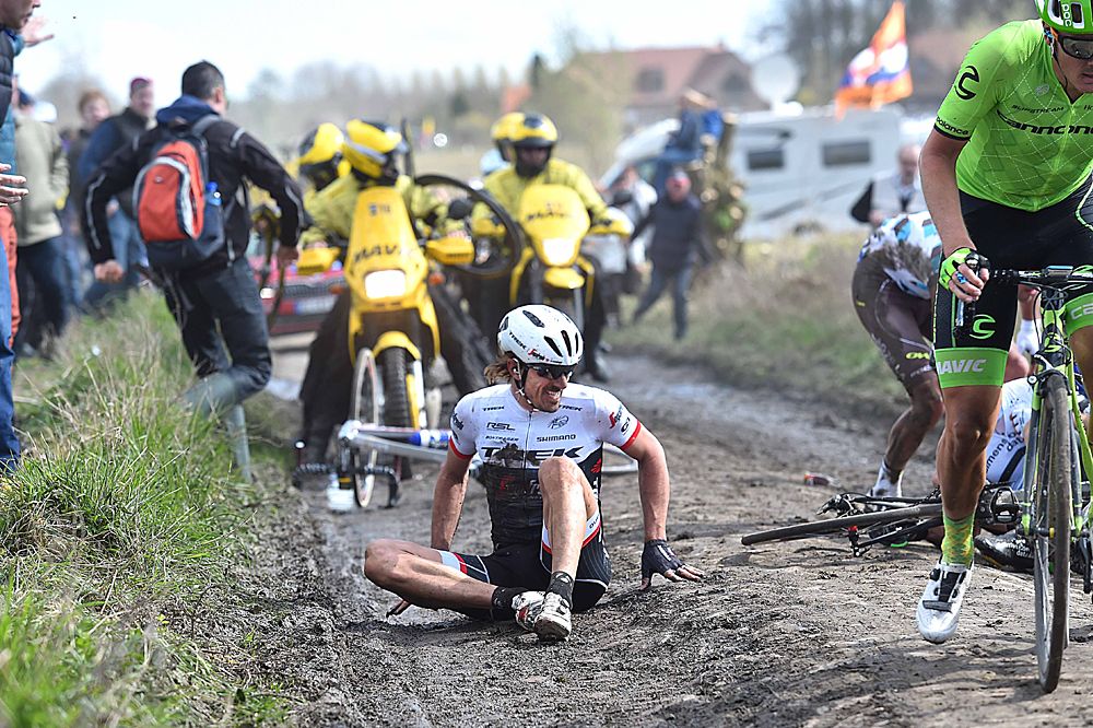 Fabian Cancellara (Trek-Segafredo) crashed but got back up to finish his last Paris-Roubaix