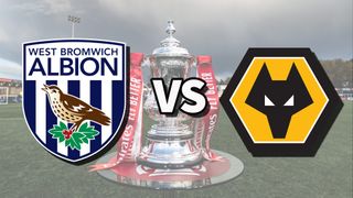 A composite image featuring the FA Cup trophy and club logos for the West Brom vs Wolves live stream.