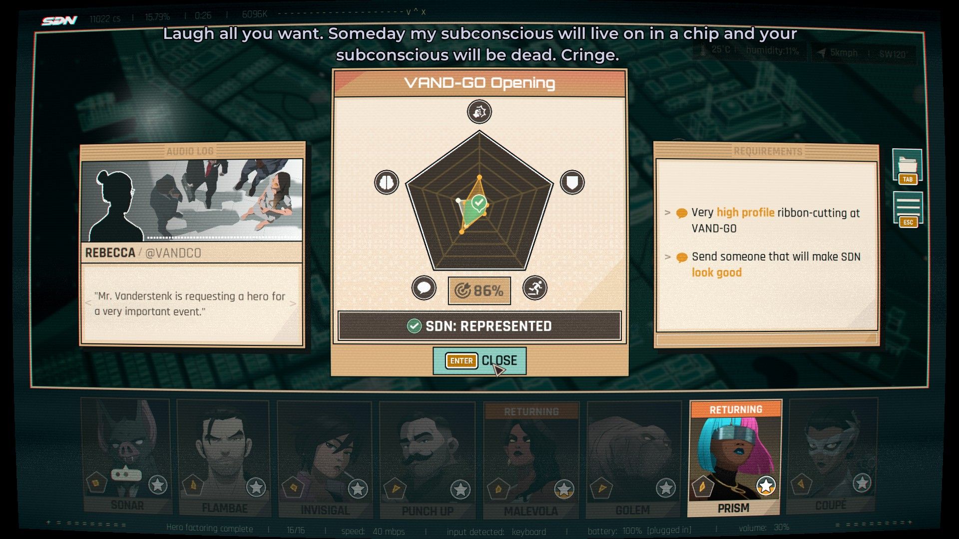 Just like XCOM, superhero comedy Dispatch cheats random percentages of success in the player's favor: 'anything that had over a 76% success chance would automatically succeed' Kép